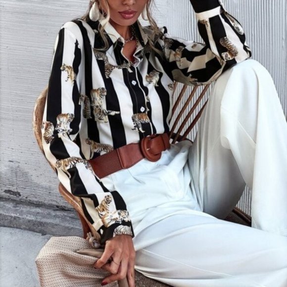 Striped & Tiger Print Button Up Blouse - Picture 4 of 7